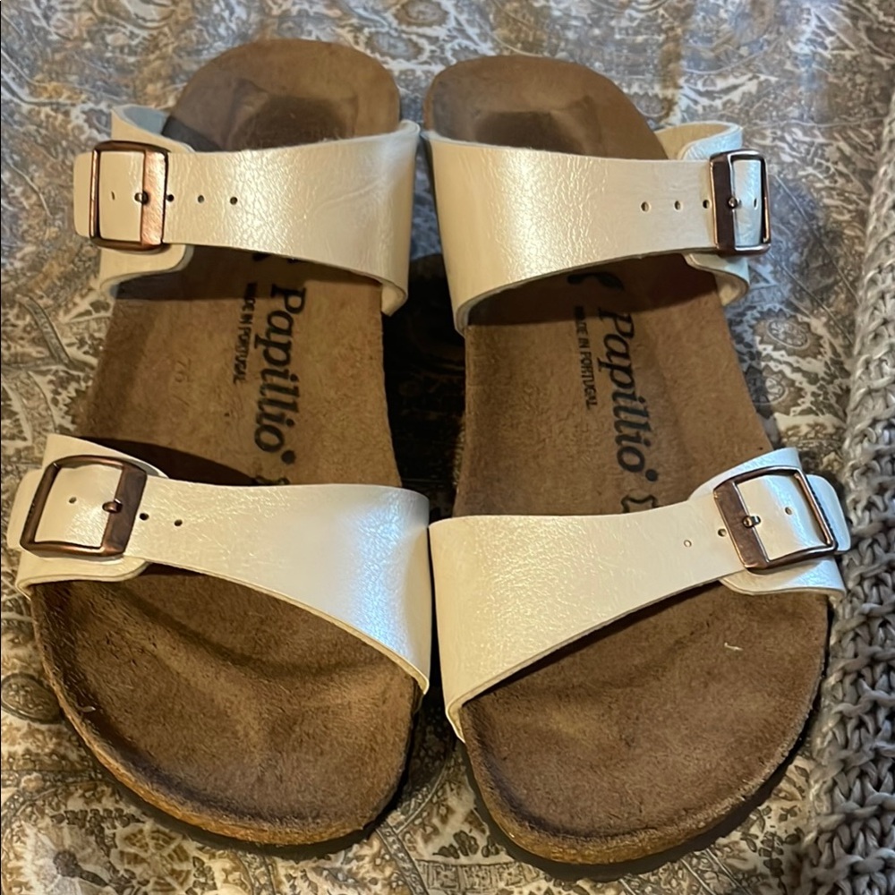 Birkenstocks Papillio made in Portugal tan pearlized Leather Sandals  sz 38